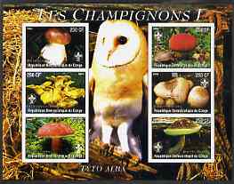 Congo 2004 Mushrooms #1 imperf sheetlet containing 6 values each with Scout Logo and Barn Owl in background, unmounted mint, stamps on fungi, stamps on scouts, stamps on owls, stamps on birds, stamps on birds of prey, stamps on 