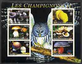 Congo 2004 Mushrooms #2 imperf sheetlet containing 6 values each with Scout Logo and Barred Owl in background, unmounted mint, stamps on fungi, stamps on scouts, stamps on owls, stamps on birds, stamps on birds of prey, stamps on 