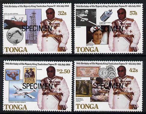 Tonga 1988 King's 70th Birthday perf set of 4 opt'd SPECIMEN (showing Ship, Plane, Sports, Scouts, Oil Derrick etc) unmounted mint as SG 985-88, stamps on royalty, stamps on  oil , stamps on ships, stamps on sport, stamps on pole vault, stamps on energy, stamps on coins, stamps on space, stamps on rowing, stamps on scouts, stamps on aviation, stamps on   