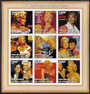Ivory Coast 2002 Marilyn Monroe 40th Death Anniversary #2 imperf sheetlet containing 9 values unmounted mint, stamps on films, stamps on cinema, stamps on entertainments, stamps on music, stamps on personalities, stamps on marilyn monroe, stamps on women