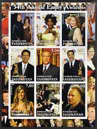 Tadjikistan 2002 54th Annual Emmy Awards imperf sheetlet containing 9 values unmounted mint (showing Oprah Winnfrey, the Osbournes, Sting, etc), stamps on personalities, stamps on entertainments, stamps on  tv , stamps on 