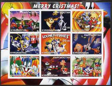 Kyrgyzstan 2002 Looney Tunes Merry Christmas #2 imperf sheetlet containing 9 values unmounted mint, stamps on films, stamps on movies, stamps on cartoons, stamps on entertainments, stamps on christmas, stamps on playing cards