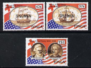 Tonga 1989 Tonga-USA Treaty set of 3 optd SPECIMEN (Cook, Columbus, Flags, Ships) unmounted mint as SG 1018-20, stamps on columbus, stamps on cook, stamps on explorers, stamps on flags, stamps on personalities, stamps on ships