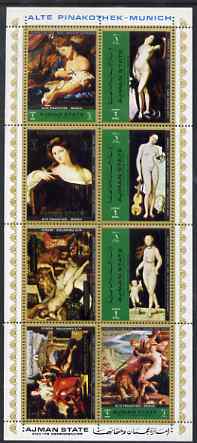 Ajman 1972 Nude Paintings from the Old Pinakothek (2) perf sheetlet containing 8 values unmounted mint Mi 2529-36A, stamps on nudes, stamps on arts