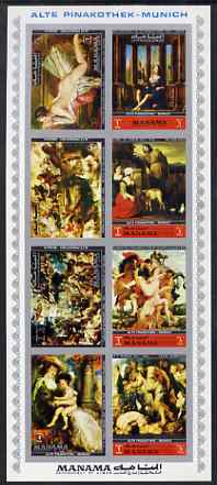 Manama 1972 Paintings from the Old Pinakothek imperf sheetlet containing 8 values unmounted mint Mi 1248-55B, stamps on nudes, stamps on arts
