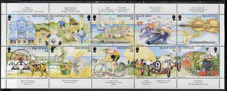 Isle of Man 1994 Manx Tourism Centenary perf sheetlet containing set of 10 unmounted mint SG 590a, stamps on tourism, stamps on opera, stamps on music, stamps on motorbikes, stamps on field hockey, stamps on football, stamps on golf, stamps on sport, stamps on cats, stamps on bicycles, stamps on cars, stamps on railways