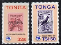 Tonga 1984 Ausipex Stamp Exhibition self-adhesive set of 2 optd SPECIMEN (Tongan Parrot stamp & Australian Kookaburra), as SG 890-91 (blocks or gutter pairs pro rata) unm..., stamps on birds, stamps on parrots, stamps on stamp on stamp, stamps on stamp exhibitions, stamps on self adhesive, stamps on stamponstamp