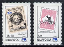 Tonga - Niuafoou 1984 Ausipex Stamp Exhibition self-adhesive set of 2 optd SPECIMEN (Tongan Map stamp & Australian Roo), as SG 48-49 unmounted mint (blocks or gutter pair..., stamps on animals, stamps on maps, stamps on stamp on stamp, stamps on stamp exhibitions, stamps on self adhesive, stamps on stamponstamp