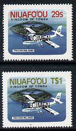 Tonga - Niuafoou 1983 Airport self-adhesive set of 2 optd SPECIMEN, as SG 17-18 (blocks or gutter pairs pro rata) unmounted mint, stamps on aviation, stamps on self adhesive, stamps on de havilland, stamps on airports