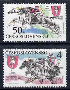Czechoslovakia 1990 Centenary of Pardubice Steeplechase set of 2 unmounted mint, SG3036-37, stamps on minerals, stamps on jewellry, stamps on arms, stamps on heraldry, stamps on horses