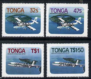 Tonga 1983 Niuafo'ou Airport self-adhesive set of 4 opt'd SPECIMEN, as SG 843-46 unmounted mint, stamps on aviation, stamps on self adhesive, stamps on dh, stamps on boeing, stamps on 707, stamps on airports
