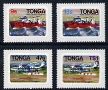 Tonga 1982 Inter-Island Transport (Plane & Ship) self-adhesive set of 4 opt'd SPECIMEN, as SG 813-16 (blocks or gutter pairs with Map pro rata) unmounted mint, stamps on aviation, stamps on maps, stamps on ships, stamps on transport, stamps on self adhesive
