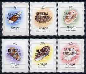 Tonga 1984-85 Marine Life (Shells) self-adhesive 6 values (1s, 5s, 10s, 15s, 29s & 47s) optd Official additionally optd SPECIMEN unmounted mint, between SG O220 & O232, stamps on marine-life, stamps on shells, stamps on self adhesive