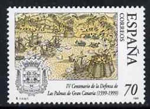 Spain 1999 400th Anniversary of Defence of Las Palmas, Gran Canaria unmounted mint, SG3582, stamps on ships, stamps on battles, stamps on arms, stamps on heraldry