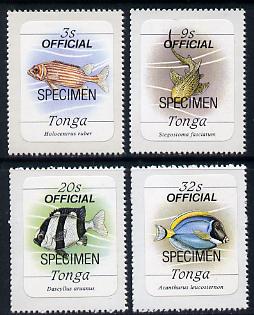 Tonga 1988 Marine Life (Fish) self-adhesive 4 values (3s, 9s, 20s & 32s) optd Official additionally optd SPECIMEN, between SG O222 & O231 unmounted mint, stamps on fish, stamps on marine-life, stamps on self adhesive