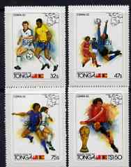 Tonga 1982 World Cup Football self-adhesive set of 4 opt'd SPECIMEN, as SG 809-12 (blocks or gutter pairs pro rata) unmounted mint, stamps on football, stamps on sport, stamps on self adhesive