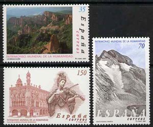 Spain 2000 UNESCO World Heritage Sites set of 3  unmounted mint, SG3674-76, stamps on mountains, stamps on music, stamps on tourism, stamps on unesco, stamps on heritage
