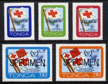 Tonga 1981 International Year of the Disabled self-adhesive set of 5 opt'd SPECIMEN, as SG 780-84 (blocks or gutter pairs with Red Cross pro rata) unmounted mint, stamps on disabled, stamps on flags, stamps on medical, stamps on red cross, stamps on self adhesive
