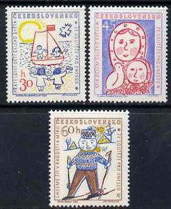 Czechoslovakia 1958 inauguration of UNESCO HQ set of 3 children's paintings unmounted mint, SG1063-65, stamps on unesco, stamps on children, stamps on arts, stamps on skiing, stamps on sailing