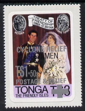 Tonga 1982 Cyclone Relief opt on self-adhesive R Wedding optd SPECIMEN, as SG 808 (gutter pairs pro rata) unmounted mint, stamps on disasters, stamps on environment, stamps on royalty, stamps on weather, stamps on royalty, stamps on diana, stamps on charles, stamps on , stamps on self adhesive