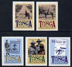 Tonga 1982 75th Anniversary of Scouting self-adhesive set of 5 optd SPECIMEN, as SG 803-07 unmounted mint (blocks or gutter pairs pro rata) , stamps on scouts, stamps on self adhesive