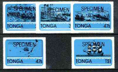 Tonga 1981 175th Anniversary of Capture of Port au Prince self-adhesive set of 5 optd SPECIMEN, as SG 798-802 (blocks or gutter pairs pro rata) unmounted mint, stamps on battles, stamps on militaria, stamps on ships, stamps on self adhesive