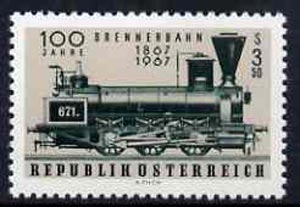 Austria 1967 Centenary of Brenner Railway unmounted mint, SG 1505, stamps on railways