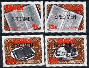 Tonga 1981 Christmas (Book Anniversary) self-adhesive set of 4 optd SPECIMEN, as SG 789-92 (blocks or gutter pairs pro rata) unmounted mint, stamps on christmas, stamps on communications, stamps on literature    self adhesive, stamps on books