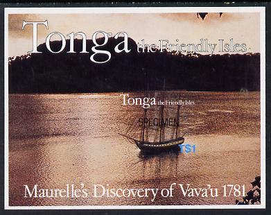 Tonga 1981 Maurelle's Discovery Anniversary self-adhesive m/sheet opt'd SPECIMEN, as SG MS 797 unmounted mint, stamps on explorers, stamps on ships, stamps on self adhesive