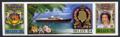 Belize 1985 Royal Visit se-tenant strip of 3 in Cromalin (plastic coated proof) as issued stamps (SG 862a), stamps on royalty, stamps on royal visit, stamps on ships, stamps on arms, stamps on heraldry
