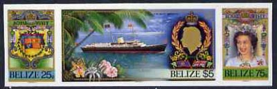 Belize 1985 Royal Visit se-tenant strip of 3 in Cromalin (plastic coated proof) similar to issued stamps except the Britannia stamp is valued $5 and each stamp shows designer's name at bottom (SG 862a), stamps on royalty, stamps on royal visit, stamps on ships, stamps on arms, stamps on heraldry, stamps on scots, stamps on scotland