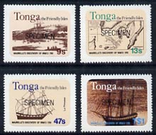 Tonga 1981 Maurelle's Discovery Anniversary self-adhesive set of 4 opt'd SPECIMEN unmounted mint as SG 793-96, stamps on , stamps on  stamps on explorers, stamps on  stamps on maps, stamps on  stamps on ships, stamps on  stamps on self adhesive