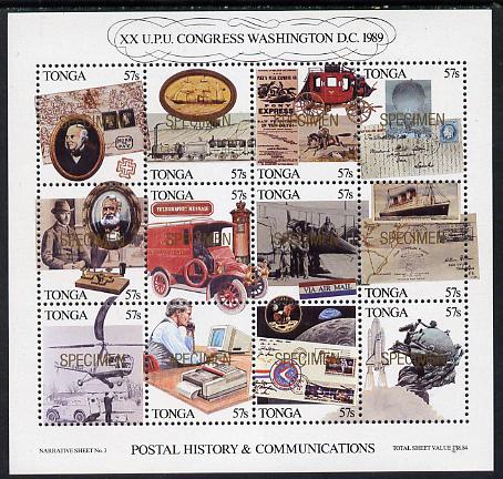 Tonga 1989 20th UPU Congress m/sheet (pastiche designs) optd SPECIMEN in gold, unmounted mint as SG MS 1063, stamps on aviation, stamps on computers, stamps on inventions, stamps on personalities, stamps on postal, stamps on railways, stamps on science, stamps on ships, stamps on space, stamps on stamp on stamp, stamps on transport, stamps on postbox, stamps on helicopter, stamps on morse, stamps on trucks, stamps on  upu , stamps on , stamps on stamponstamp, stamps on kennedy