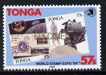 Tonga 1989 World Stamp EXPO 89 57s value opt'd SPECIMEN in gold unmounted mint, as SG 1064, stamps on space, stamps on stamp on stamp, stamps on  upu , stamps on stamp exhibitions, stamps on space, stamps on  upu , stamps on , stamps on stamponstamp