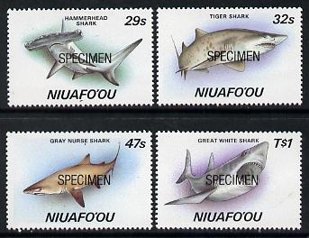 Tonga - Niuafoou 1987 Sharks set of 4 optd SPECIMEN, as SG 94-97 unmounted mint, stamps on marine life, stamps on fish, stamps on sharks