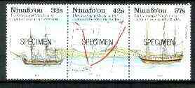 Tonga - Niuafo'ou 1991 Charting se-tenant strip of 3 opt'd SPECIMEN (Bounty, Pandora & Course), as SG 152a unmounted mint, stamps on , stamps on  stamps on explorers, stamps on  stamps on maps, stamps on  stamps on ships, stamps on  stamps on bligh, stamps on  stamps on navigation