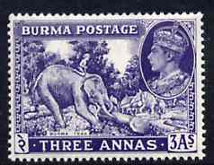 Burma 1946 Elephant & Teak 3a blue-violet unmounted mint, SG 57a*, stamps on , stamps on  kg6 , stamps on elephants, stamps on teak, stamps on wood, stamps on timber