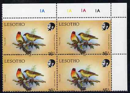 Lesotho 1988 Birds 16s Cape Weaver with horiz perfs shifted SG 796var unmounted mint plate block of 4 from top right of sheet showing perfs passing through value, upper t..., stamps on birds, stamps on weaver