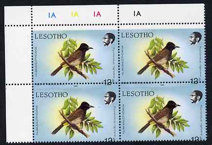 Lesotho 1988 Birds 12s Red-Eyed Bulbul with superb 2mm misplacement of horiz perfs, SG 795var unmounted mint plate block of 4 from top right of sheet showing perfs passin..., stamps on birds, stamps on bulbul