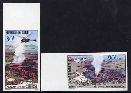 Djibouti 1979 Volcanoes set of 2 imperf marginals from limited printing unmounted mint as SG 755-56, stamps on volcanoes, stamps on helicopters, stamps on aviation