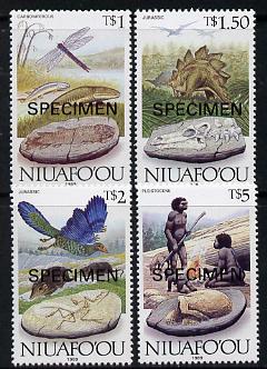 Tonga - Niuafoou 1989 Evolution of the Earth 4 values showing Dinosaurs, fossils etc, optd SPECIMEN, SG 127-30 unmounted mint, stamps on dinosaurs, stamps on fossils, stamps on fish, stamps on coelacanth
