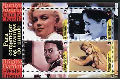 Timor 2004 Film Stars perf sheetlet containing 4 values (Marilyn, Chaplin, Disney & Brigitte Bardot) unmounted mint, stamps on films, stamps on cinema, stamps on entertainments, stamps on marilyn, stamps on monroe, stamps on disney, stamps on women, stamps on music, stamps on personalities, stamps on comedy, stamps on chaplin