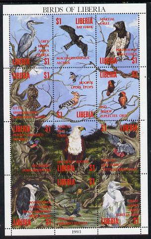 Liberia 1993 Birds of Liberia perf sheetlet containing 12 values unmounted mint, stamps on birds, stamps on egrets, stamps on hawks, stamps on birds of prey, stamps on eagles, stamps on herons, stamps on hoopoes, stamps on parrots