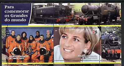 Timor 2004 Commemorating World Greats #03 perf sheetlet containing 2 values (Space Crew & Diana) unmounted mint, stamps on transport, stamps on railways, stamps on space, stamps on aviation, stamps on diana, stamps on royalty