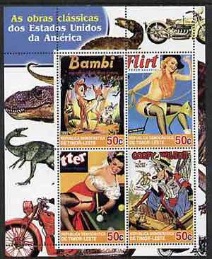 Timor 2004 Classics from the USA #01 perf sheetlet containing 4 values (Bambi, Mickey Mouse & Pin-ups) unmounted mint, stamps on motorbikes, stamps on dinosaurs, stamps on disney, stamps on pin-ups, stamps on snooker, stamps on women