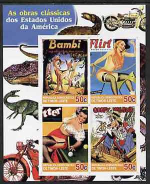 Timor 2004 Classics from the USA #01 imperf sheetlet containing 4 values (Bambi, Mickey Mouse & Pin-ups) unmounted mint, stamps on motorbikes, stamps on dinosaurs, stamps on disney, stamps on pin-ups, stamps on snooker, stamps on women