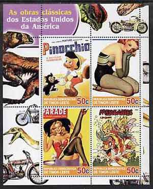 Timor 2004 Classics from the USA #02 perf sheetlet containing 4 values (Pinocchio & Pin-ups) unmounted mint, stamps on motorbikes, stamps on dinosaurs, stamps on disney, stamps on pin-ups, stamps on women