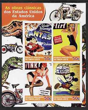 Timor 2004 Classics from the USA #04 imperf sheetlet containing 4 values (Fantasia & Pin-ups) unmounted mint, stamps on motorbikes, stamps on dinosaurs, stamps on disney, stamps on pin-ups, stamps on women