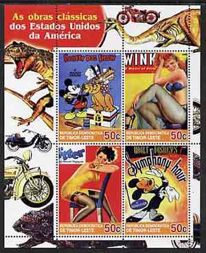 Timor 2004 Classics from the USA #05 perf sheetlet containing 4 values (Disney Dog Show, Symphony Hour & Pin-ups) unmounted mint, stamps on motorbikes, stamps on dinosaurs, stamps on disney, stamps on pin-ups, stamps on women, stamps on dogs, stamps on music