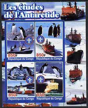 Congo 2005 Antarctic Research perf sheetlet containing 4 values (each with Scouts Logo) unmounted mint, stamps on polar, stamps on ships, stamps on penguins, stamps on birds, stamps on science, stamps on scouts